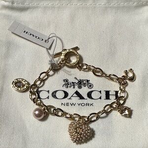 Coach Gold Charm Bracelet with Heart and Pearl